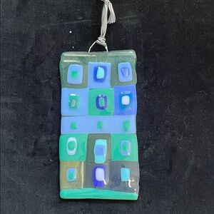 “Blue Kilim” Modern Fused Art Glass  Hanging Plaque  9”x5” Handmade